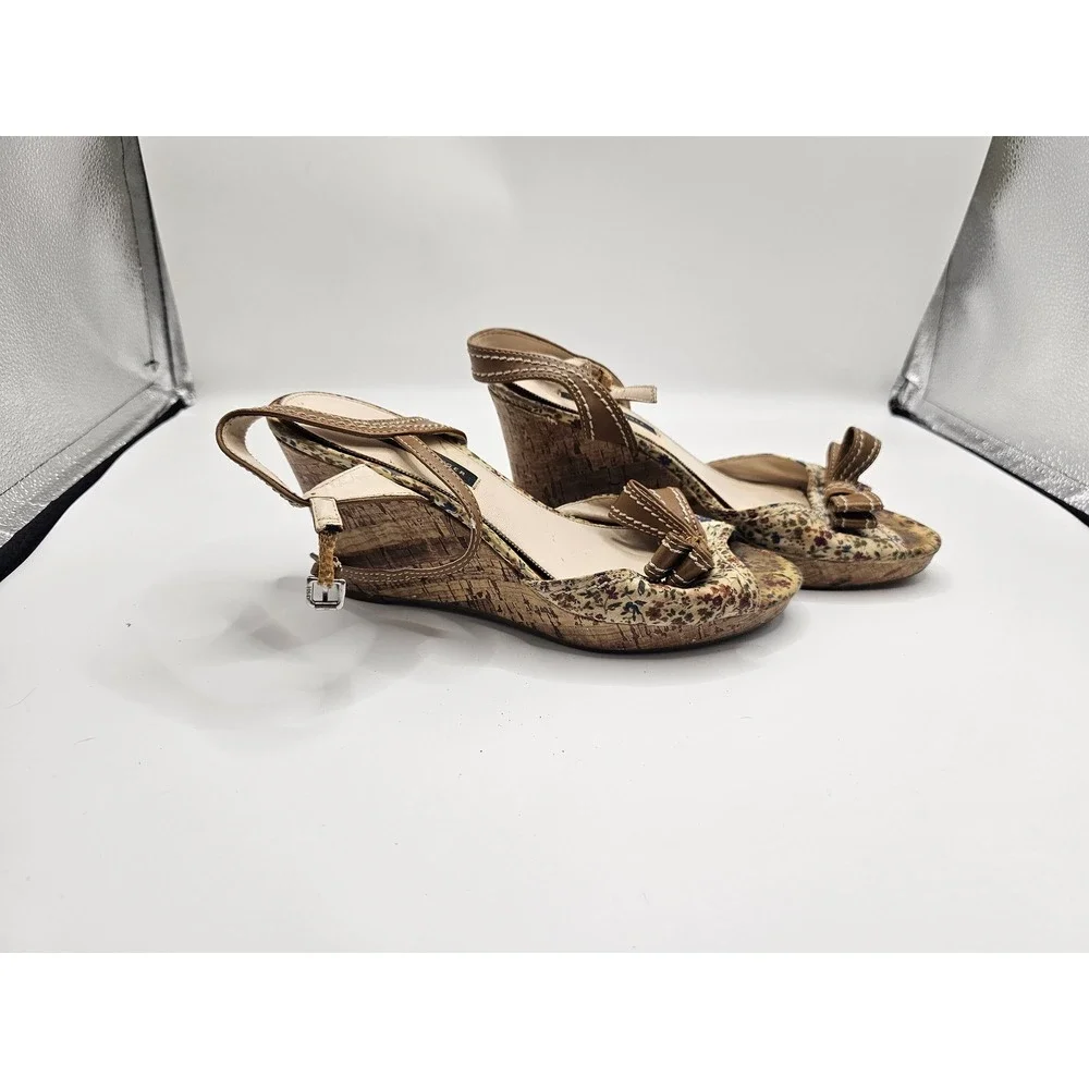 Tommy Hilfiger Floral Cork Wedge Sandals Brown Tan Bow Ankle Strap Peep Toe